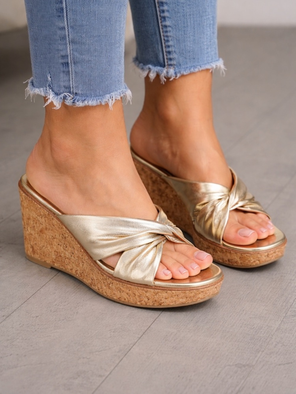 Womens Gold Knot Cork Wedge Sandals